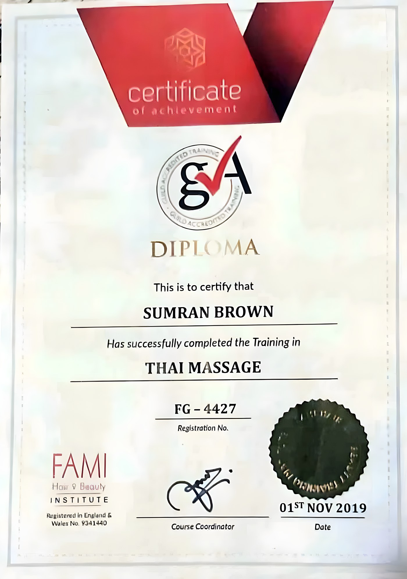 Diploma in Thai Massage awarded to Sumran Brown by FAMI Hair & Beauty Institute