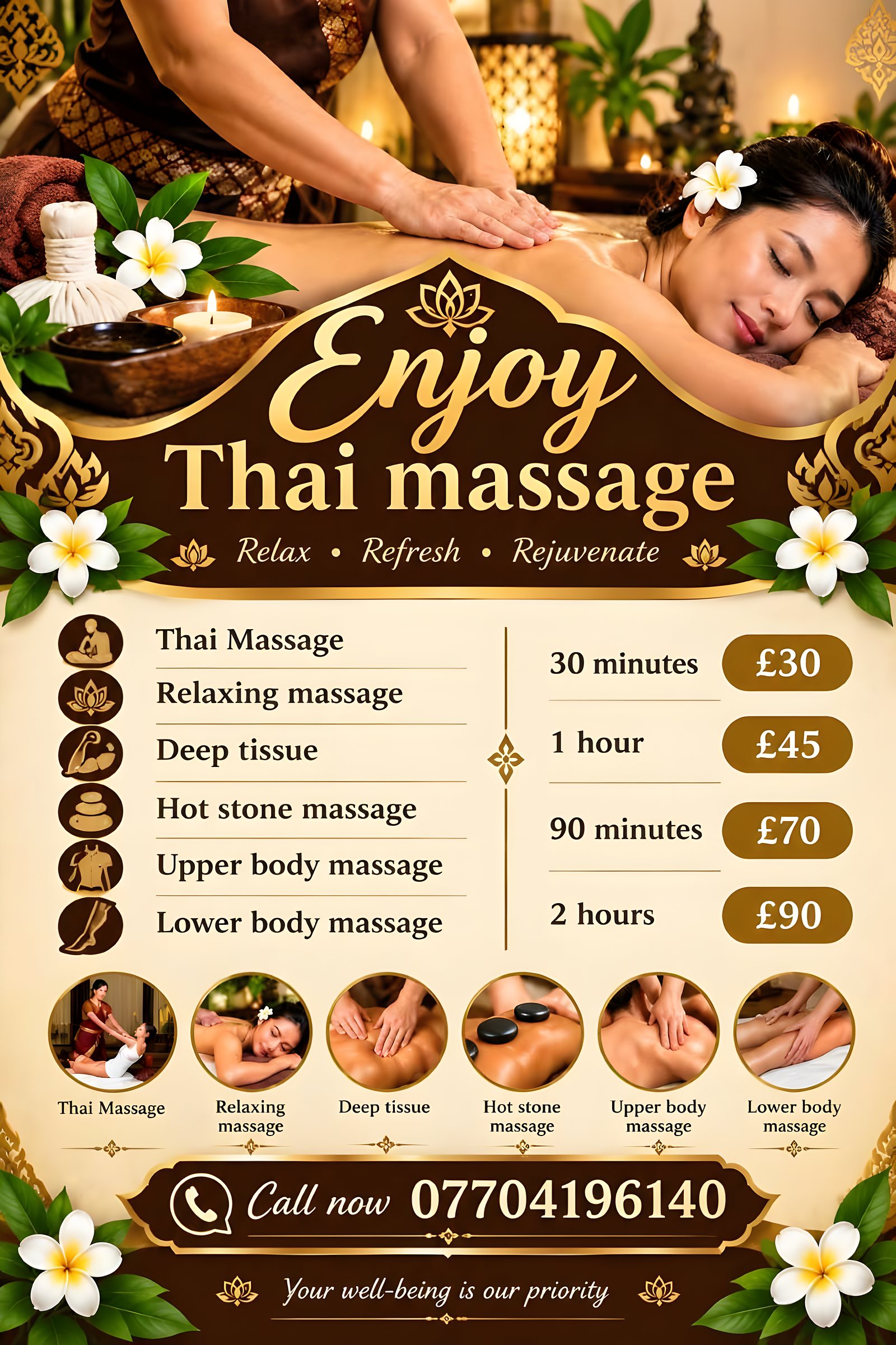 Enjoy Thai Massage price list: 30 minutes £30, 1 hour £45, 90 minutes £70, 2 hours £90. Call 07704 196140